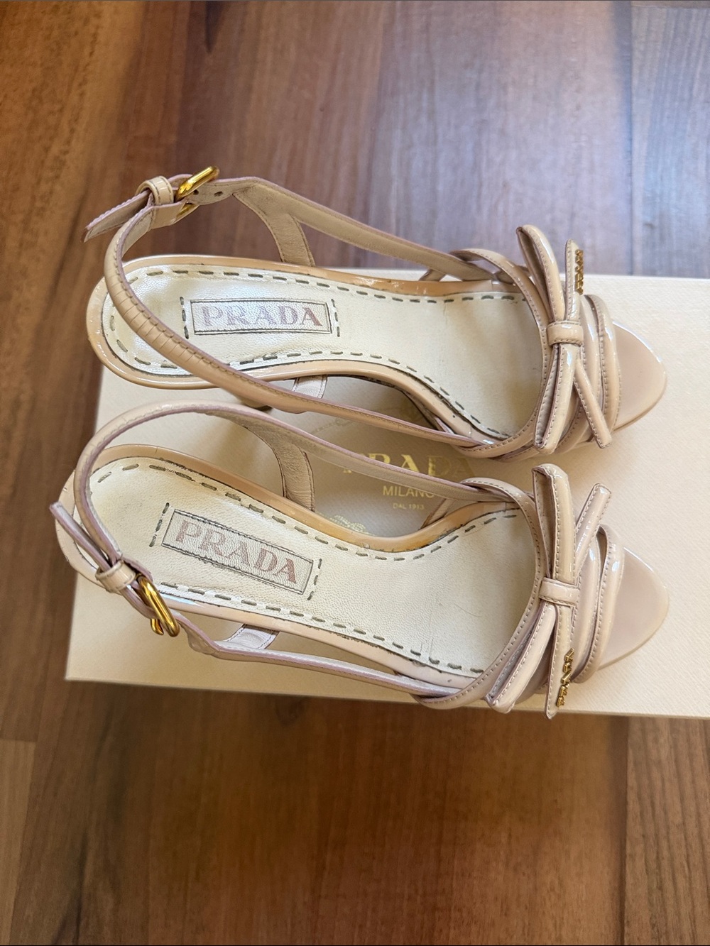 Prada Beige Knot Slingback Sandals with Gold Buckles